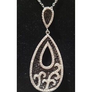 Sterling Silver Black & Clear Cubic Zirconia Teardrop Pendant with 18" Chain